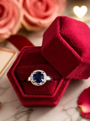 Sterling Silver Sapphire Halo Ring in Deep Blue Size 8 thumbnail 1