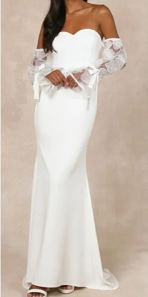 NWT Lulus Small Everlasting Desire White Mesh Pearl Off-the-Shoulder Maxi‎ Dress thumbnail 1