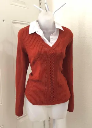 East 5th Y2K Preppy Office siren core Brown & white collared sweater shirt top blouse Long sleeve #minimalist dark academia thumbnail 3