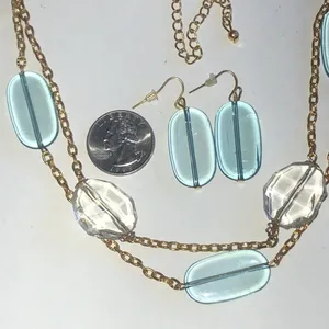 Elegant Gold Tone and Blue Necklace Earrings Jewelry Set thumbnail 3