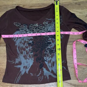 Y2K V-Neck Long Sleeve Top with Black‎ Floral Design size S thumbnail 9