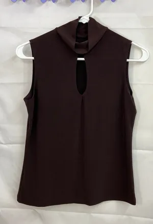 Women's dark brown soft stretch mock neck cutout sleeveless shirt‎ blouse small thumbnail 1
