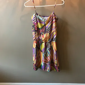 Groovy Multicolored Spaghetti Strap Short Dress with Cinched Waist Sz S thumbnail 2