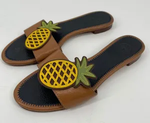 Tory Burch Brown Leather Pineapple Slide Sandals Size 5.5 Tropical Resort Luxury thumbnail 1