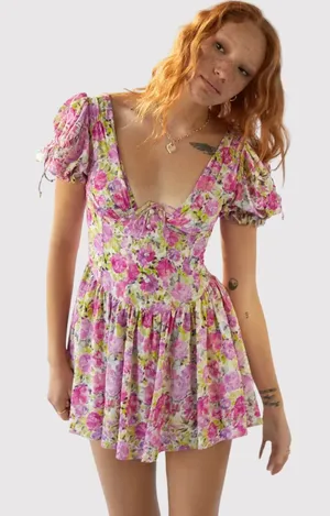 For Love & Lemons Mini Dress Paulina Silk Floral Corset Puffed Coquette Medium thumbnail 1