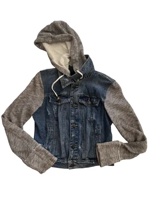 Free People Blue Denim Jacket with Gray Knit Hood & Sleeves thumbnail 1