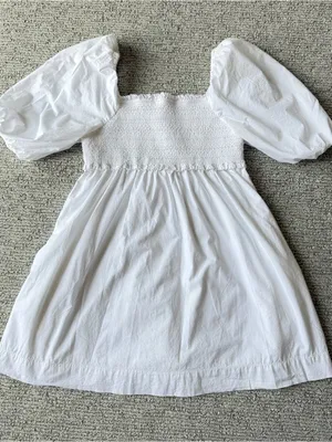 American Eagle Outfitters White Cotton Mini Puff Sleeve Smocked Ruffle Dress‎ S thumbnail 8