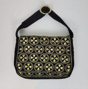 Vintage Retro Womens Bag Black Gold Beaded Studded Corduroy Purse Hong Kong thumbnail 1
