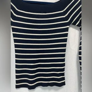Abercrombie & Fitch Navy and White striped off the shoulder sweater thumbnail 3
