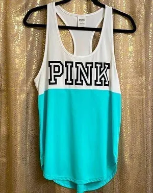 PINK Victoria’s Secret white/light teal black logo tanktop, size L thumbnail 1