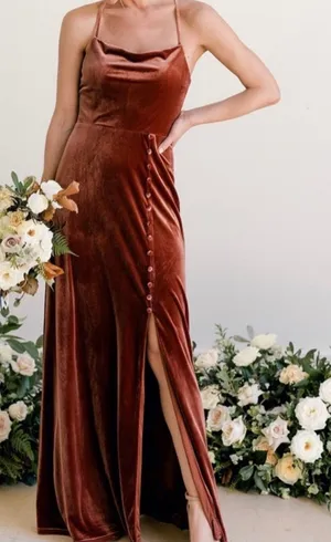 Revelry Billie Velvet Leg Slit Maxi Dress in Terracotta Rust Size US 4 thumbnail 1