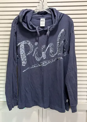 VS PINK‎ Bluish Gray Sequins Hoodie Sweatshirt Size M Long Sleeve Logo Graphic thumbnail 1
