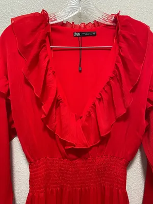 Zara Bright Red Ruffle V-Neck Long Sleeve Dress thumbnail 5