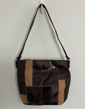 Genuine Leather Patchwork shoulder bag. A standout stunner! Brown thumbnail 1