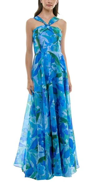NWT Taylor Womens Twisted Halter Printed Gown Dress 9185S Sapphire Blue 14 thumbnail 1