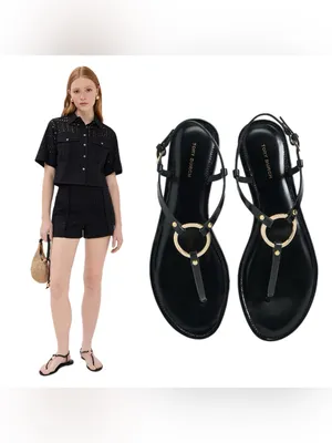 Tory Burch Ring T-Strap Sandal Black/Gold Size 7.5 Like New thumbnail 2