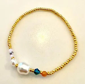 Fashion Golden Seed Bead Chain Multicolor Crystal Faux Pearl Charm bracelet thumbnail 1