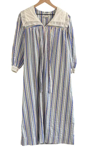 Vtg Saybury Striped Seersucker‎ Nightgown Mumu Women M Eyelet Collar Pastel Zip thumbnail 1