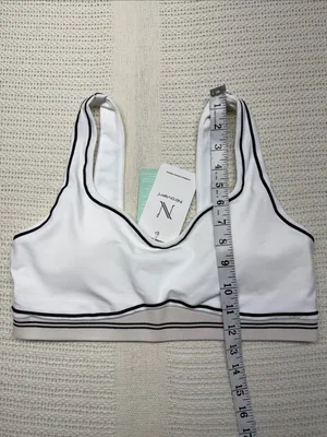 White Sports Bra with Taupe Band and Black Piping thumbnail 4