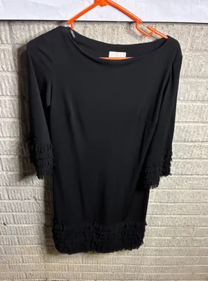 Donna Morgan Black Fringed Dress‎ Boat Neck 3/4 Sleeve Size 2 thumbnail 1