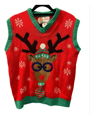 Ugly Christmas Sweater Vest Red Reindeer 3D Tie Jingle Bell Sequin Small Tacky thumbnail 1