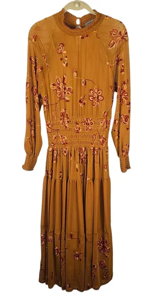 Figueroa & Flower Womens‎ Brown Embroidered Smocked Maxi Dress Medium thumbnail 1