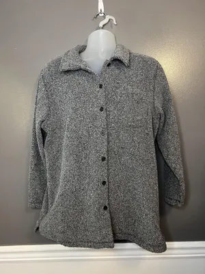 Talbots Jacket Womens Medium Gray Button Front Textured Fleece Shacket Made USA thumbnail 1