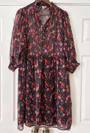 THE Korner Floral Chiffon Ruffle Neck Mini Dress Red Pink Navy Size S 9229151‎ thumbnail 1