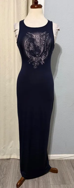 Celestial Maxi‎ Dress S Navy Blue Hamsa Mandala Graphic Sleeveless Bodycon Boho thumbnail 1