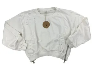 Honey Punch - Distressed Crop Sweatshirt with Zip Sides in Off White thumbnail 1