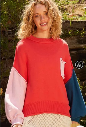 POL Colorblock Oversized Cotton Roll Hem Sweater Red, Pink, and Navy - Size S thumbnail 1