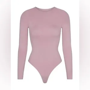 Skims DUSK Long Sleeve Bodysuit XXS/XS w snaps Raw Neck Cut Mock High Neck Pink thumbnail 2
