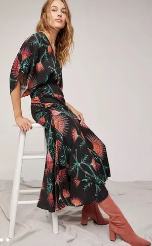 Farm Rio Anthropologie Valentina Black Maxi Orange Tropical Floral Print Sz S thumbnail 1