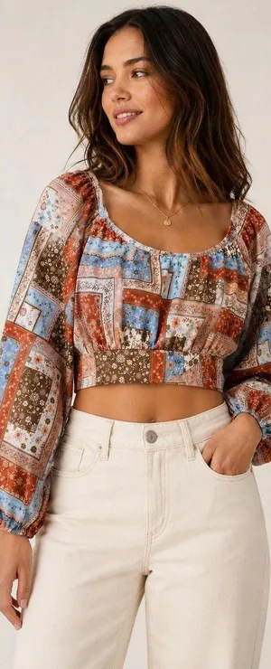 Altar'd State Floral Patchwork Crop Top Long Balloon Sleeve Boho Rust Blue Large thumbnail 1