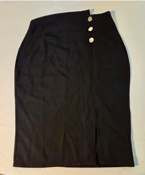 High Waisted Asymmetric Button Accent Pencil Skirt Front Slit Black Size L W-164 thumbnail 1