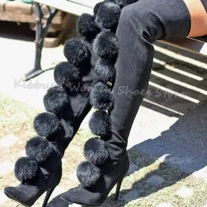 Cape Robbin Black Pom-Pom Knee-High Stiletto Boots 8.5 thumbnail 3