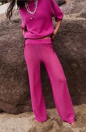 Free People Beach Sola Knit Coverup Pants Size Medium in Fuchsia Pink thumbnail 1