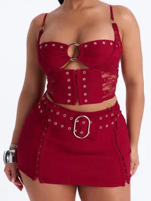 Red Lace-Trim Grommet Mini Dress Set - Women thumbnail 1