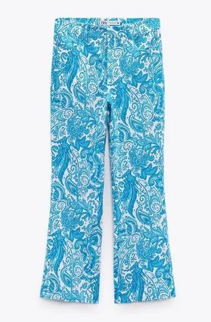 NWOT ZARA Linen Blend Trouser Pants Sz 6 Kick Flare Hem Blue Paisley Print thumbnail 1