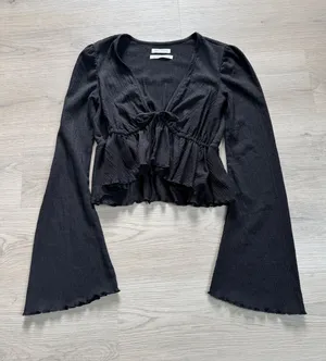 Urban Outfitters Black Tie Cropped Blouse bell sleeve coquette fairy grunge y2k thumbnail 1