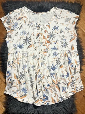 Anthropologie Tunic Button Down Floral Print Top Cream Blue Top Size Large thumbnail 2