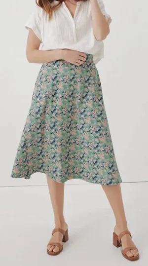 Pact Organic Cotton Fit & Flare A-line Skirt Size Large Green and Pink Pattern thumbnail 1