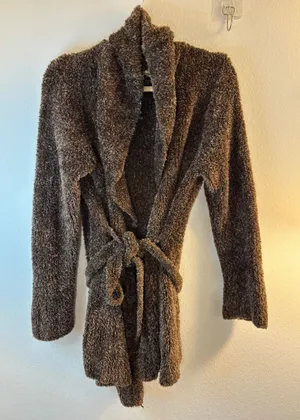 White Stag Woodland Brown Fuzzy Eyelash Knit Belted Cardigan Sweater Large thumbnail 1