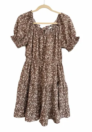 Blu Pepper Brown White Floral Puff-Sleeve Mini Dress Size Medium thumbnail 1