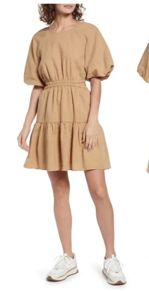 Madewell Dress Women's Size M Tan Brown Short Sleeve Tiered Mini Button‎ Back thumbnail 1