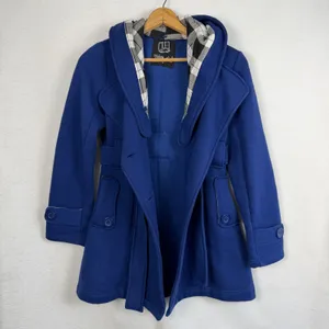 Blue‎ Hooded Double Breasted Trench Coat Womens Size Small Casual Retro Fashion thumbnail 8