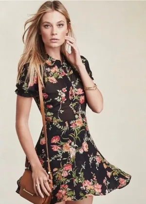 Reformation Mckendrie Floral Sheer Collar Short Sleeve Mini Shirt‎ Dress Black 2 thumbnail 1