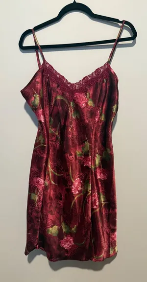 Sophia by Delicates Burgundy Floral Satin Lace Trim Nightgown Slip Dress Medium thumbnail 1