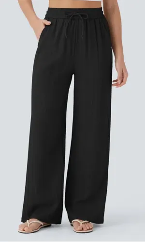 Halara Black High Waisted Drawstring Pocket Wide Leg Baggy Casual Linen-Feel Pan thumbnail 1