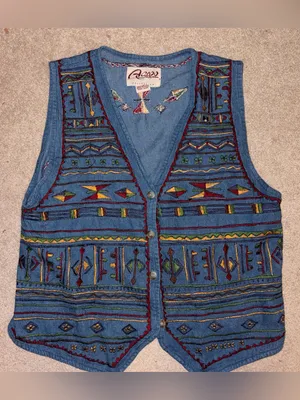 Vtg Asapo Western 100% Cotton Floral Tribal Embroidered‎ Denim Button Up Vest, M thumbnail 3